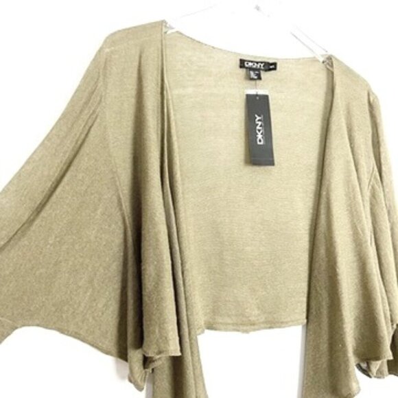 NWT DKNY Cardigan Women's M/L Olive Khaki Cropped 100% Linen Open-Front Sweater - Picture 2 of 12